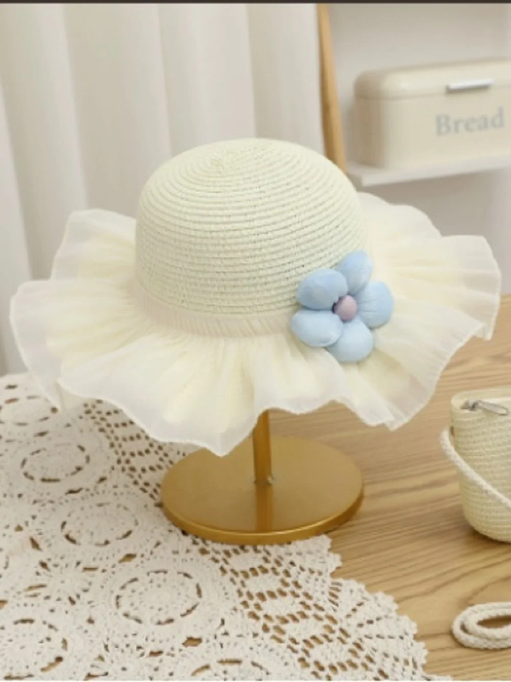 Kids Cream Sun Hat with Blue Flower Accent